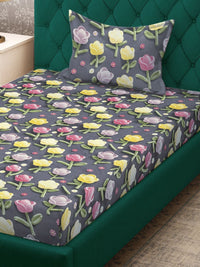 Myntra Elegant Homes Grey Floral 300 TC Single 7D Bedsheet with 1 Pillow Cover-225X150 cm