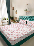 KLOTTHE White Floral Cotton 300 TC Fitted King Fine Bedsheet dengan 2 Sarung Bantal-98 x 89 inci