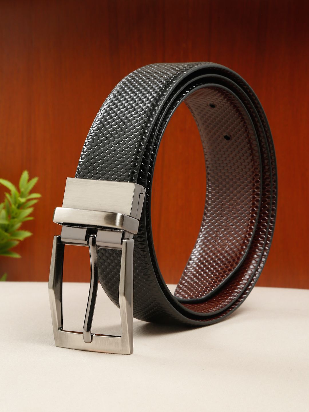 Teakwood Leathers Men Textured Leather Reversible Formal Belt