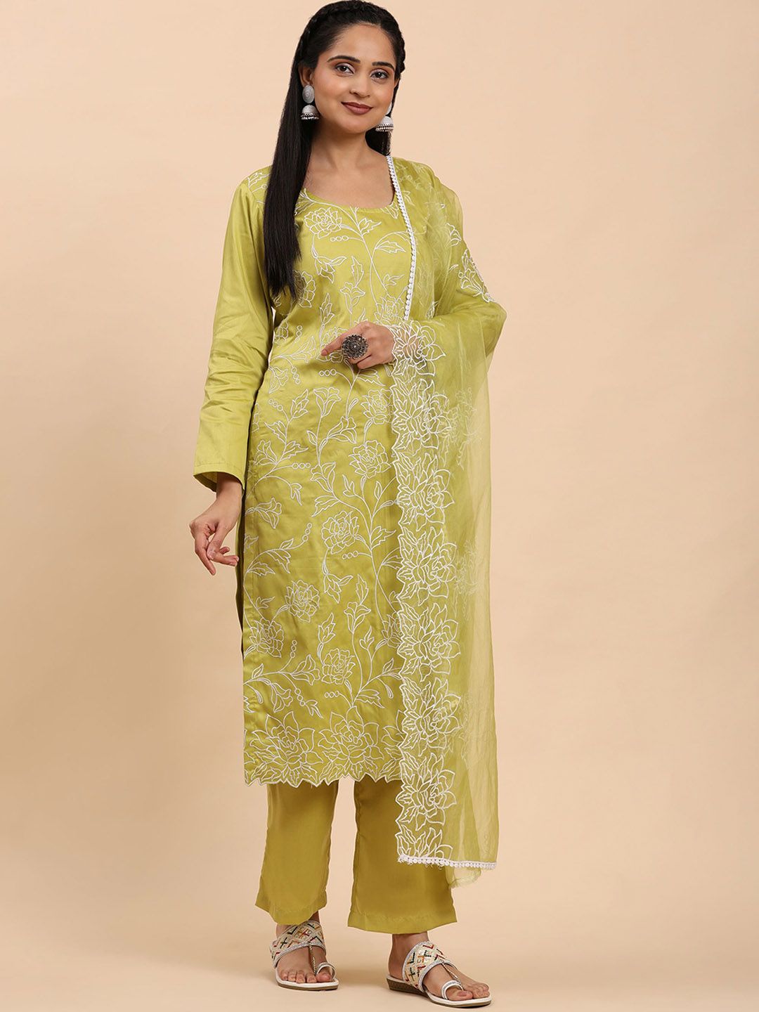 Mamicha Women Floral Embroidered Regular Pure Cotton Kurta with Trousers & With Dupatta