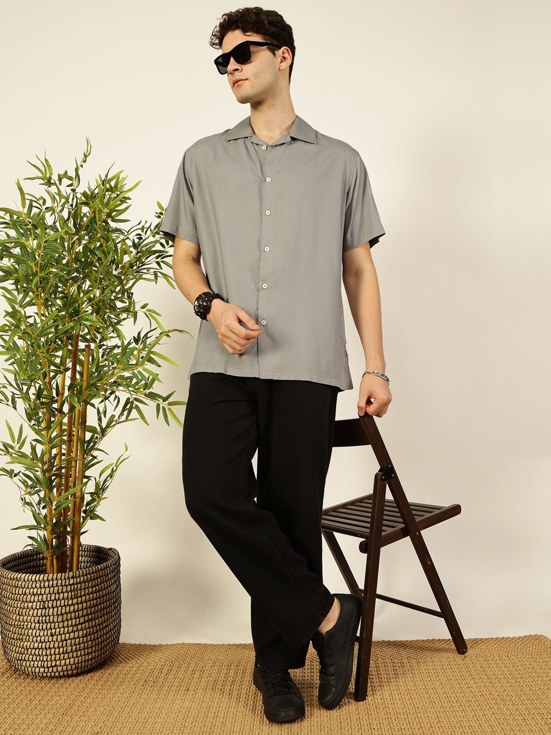 Thomas Scott Men Premium Cuban Collar Solid Oversized Casual Shirt