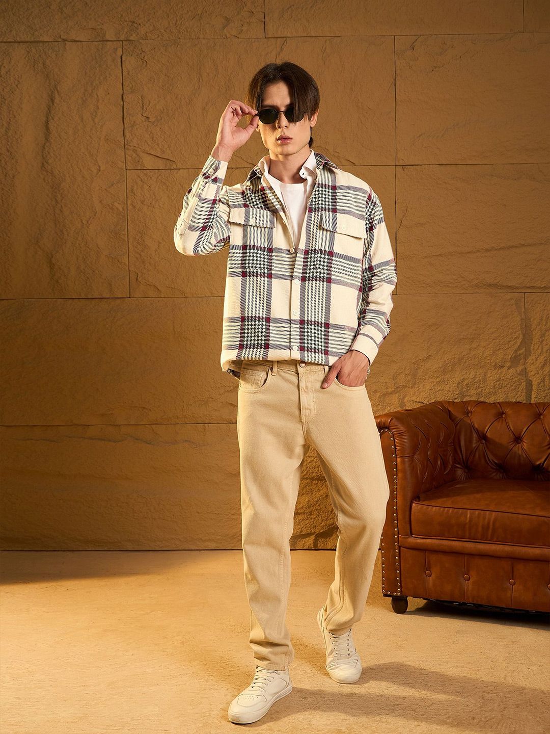 DENNISON Men Double Pocket Drop Shoulder Oversized Cotton Checked Shacket