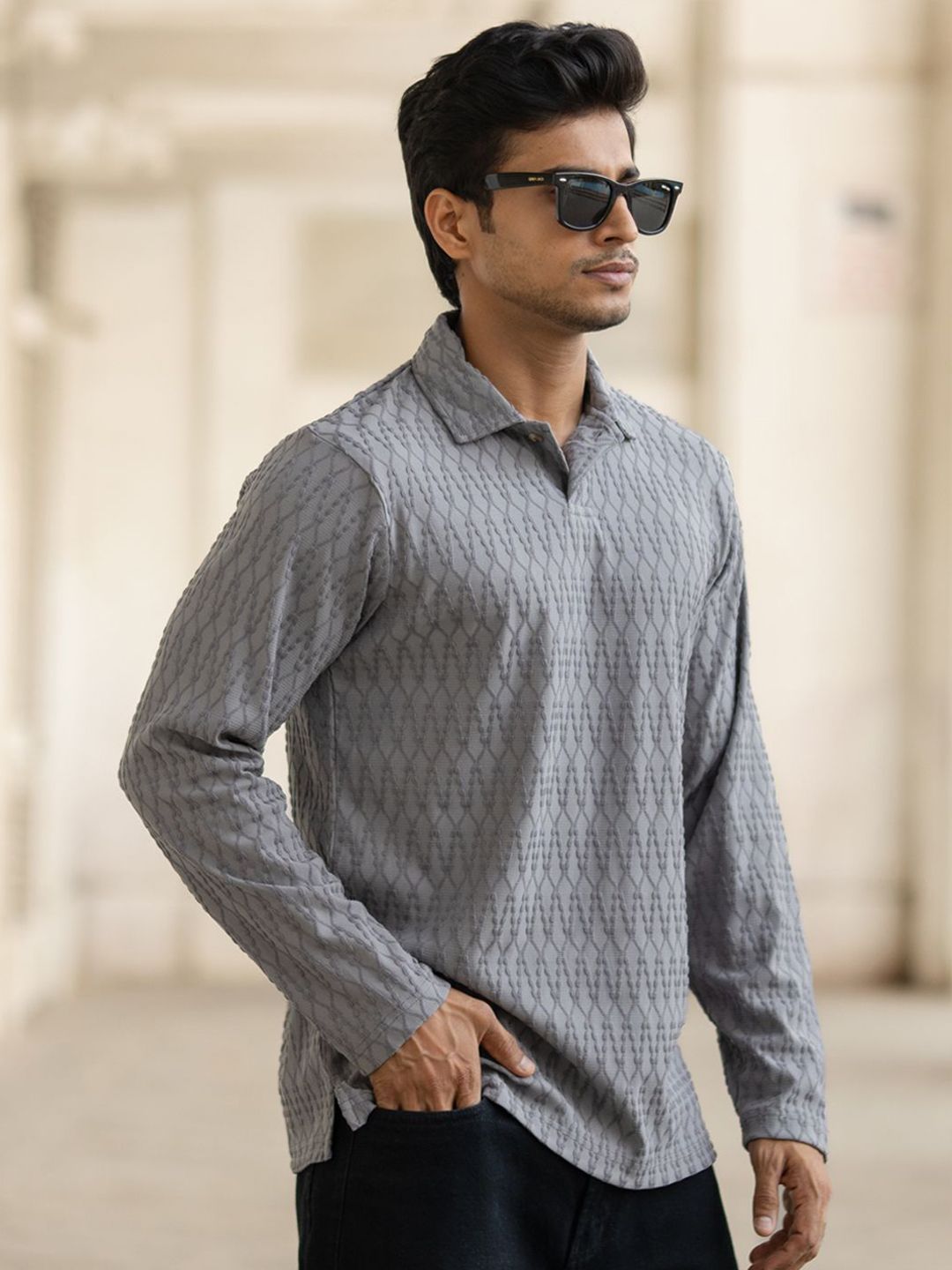 Powerlook Men Self Design Polo Collar T-shirt