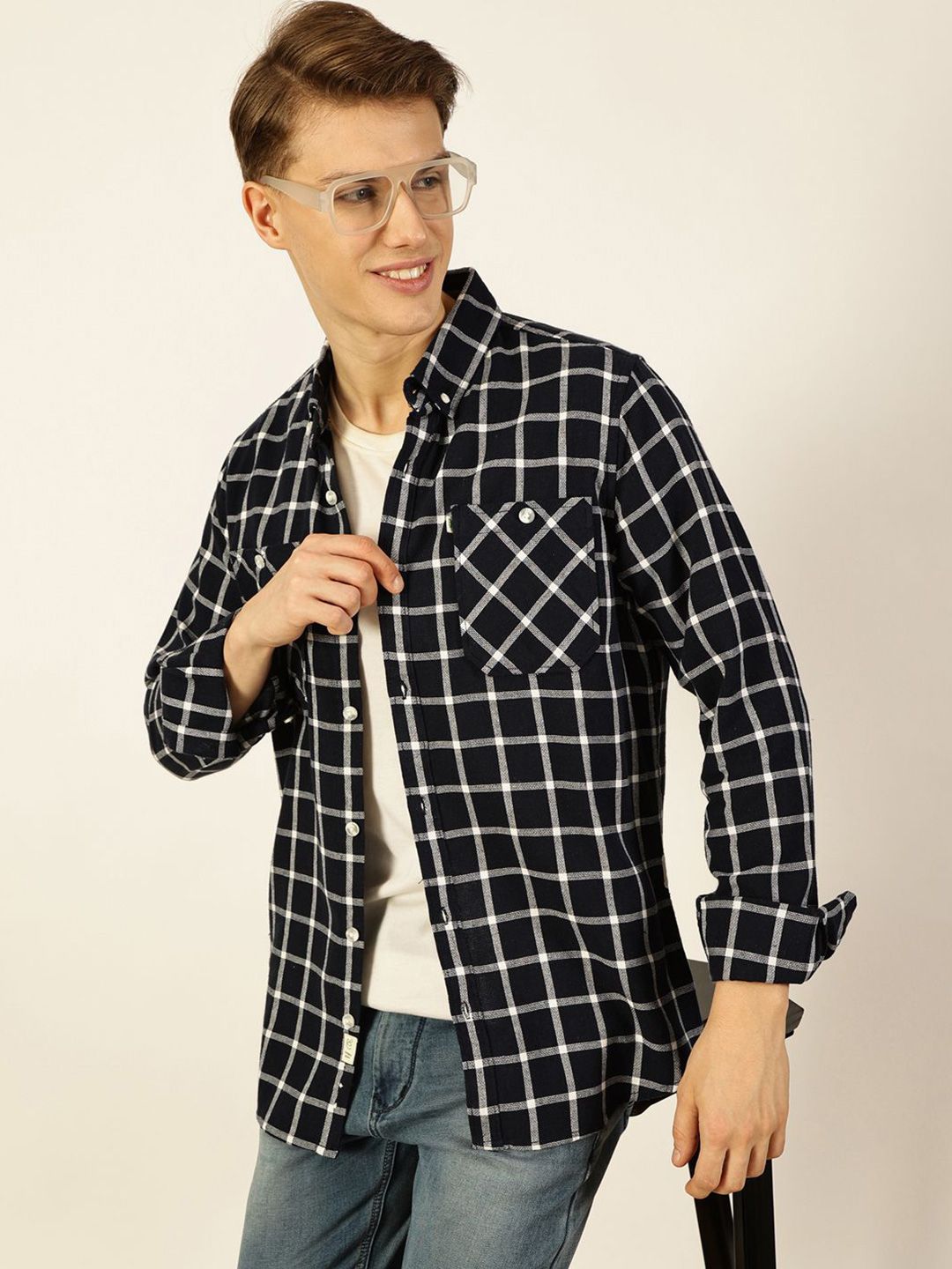 Thomas Scott Men Premium Button-Down Collar Gingham Checked Cotton Slim Fit Casual Shirt
