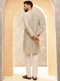 Anouk Beige Geometrik Bersulam Kolar Mandarin Kapas Tulen Kurta Lurus Dengan Piyama