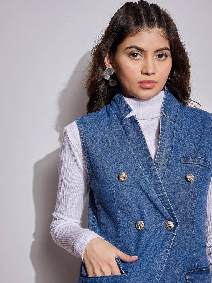 Sassafras wanita lapel collar dibasuh jaket denim kasual pepejal