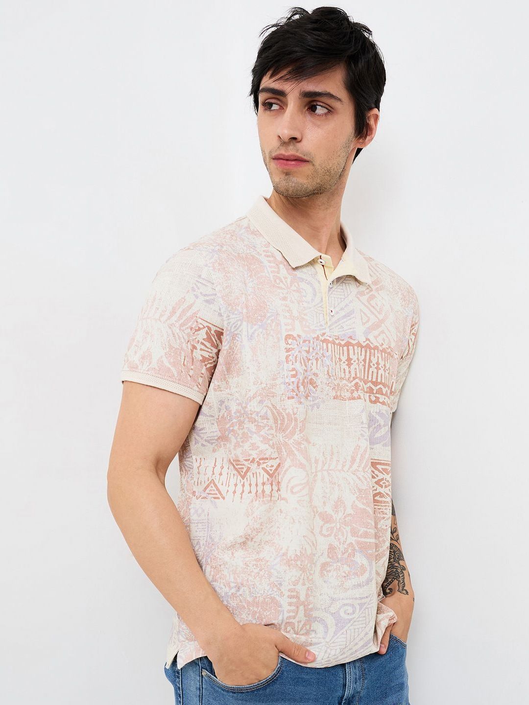 SPYKAR Men Abstract Printed Polo Collar Cotton Slim Fit T-shirt