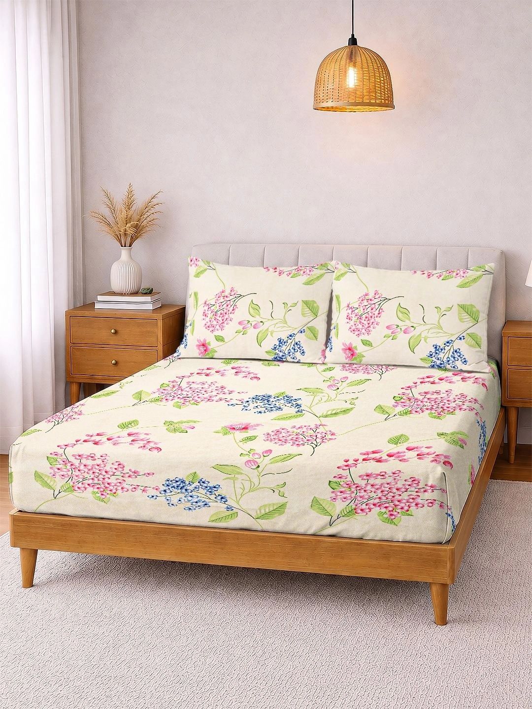 Myntra Elegant Homes Cream-Coloured & Pink Floral 300 TC King Bedsheet with 2 Pillow Covers