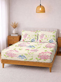 Myntra Elegant Homes Cream-Coloured & Pink Floral 300 TC King Bedsheet with 2 Pillow Covers