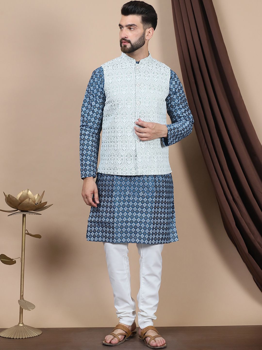 Anouk Teal Blue Ethnic Motifs Printed Straight Kurta with Churidar