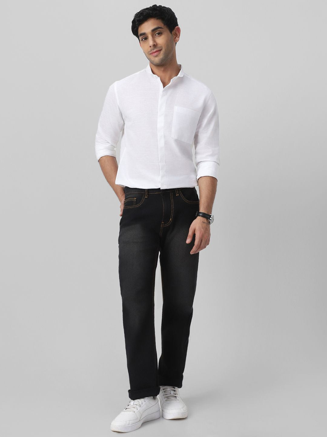 Urbano Fashion Men Club Collar Solid Cotton Casual Shirt