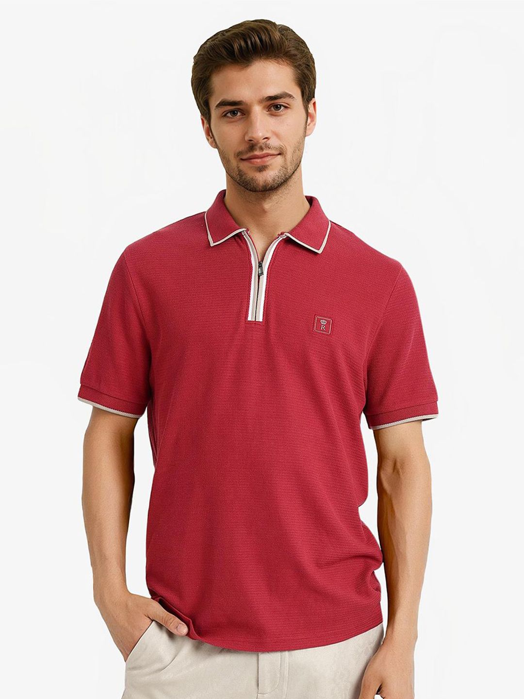 RARE RABBIT Men Solid Pure Cotton Polo Collar T-shirt