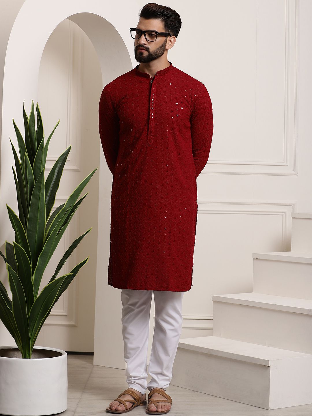 SOJANYA Geometric Embroidered Sequinned Straight Pure Cotton Kurta