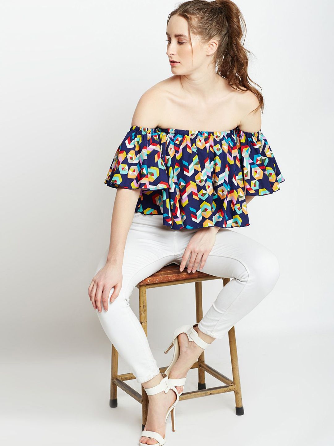 Berrylush Geometric Print Off-Shoulder Flared Sleeve Ruffles Bardot Crop Top