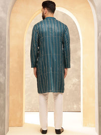 Anouk Blue Geometric Embroidered Sequence Band Collar Straight Kurta