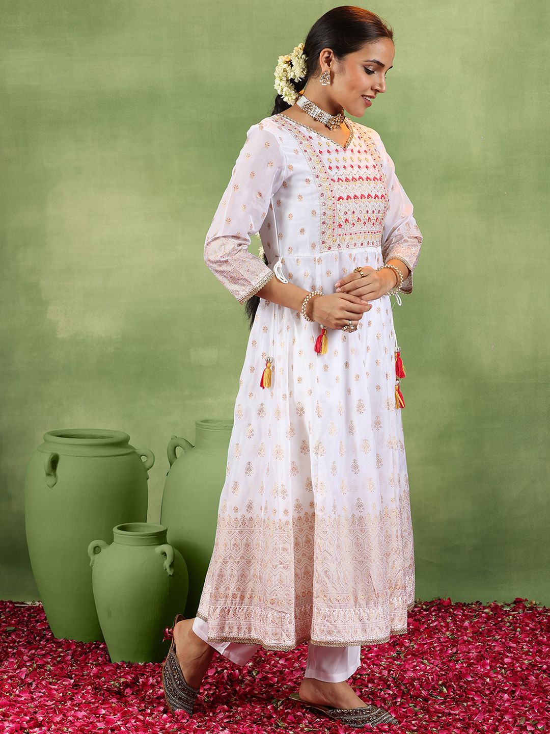 Libas Floral Embroidered Mirror Work Anarkali Kurta With Trousers & Dupatta
