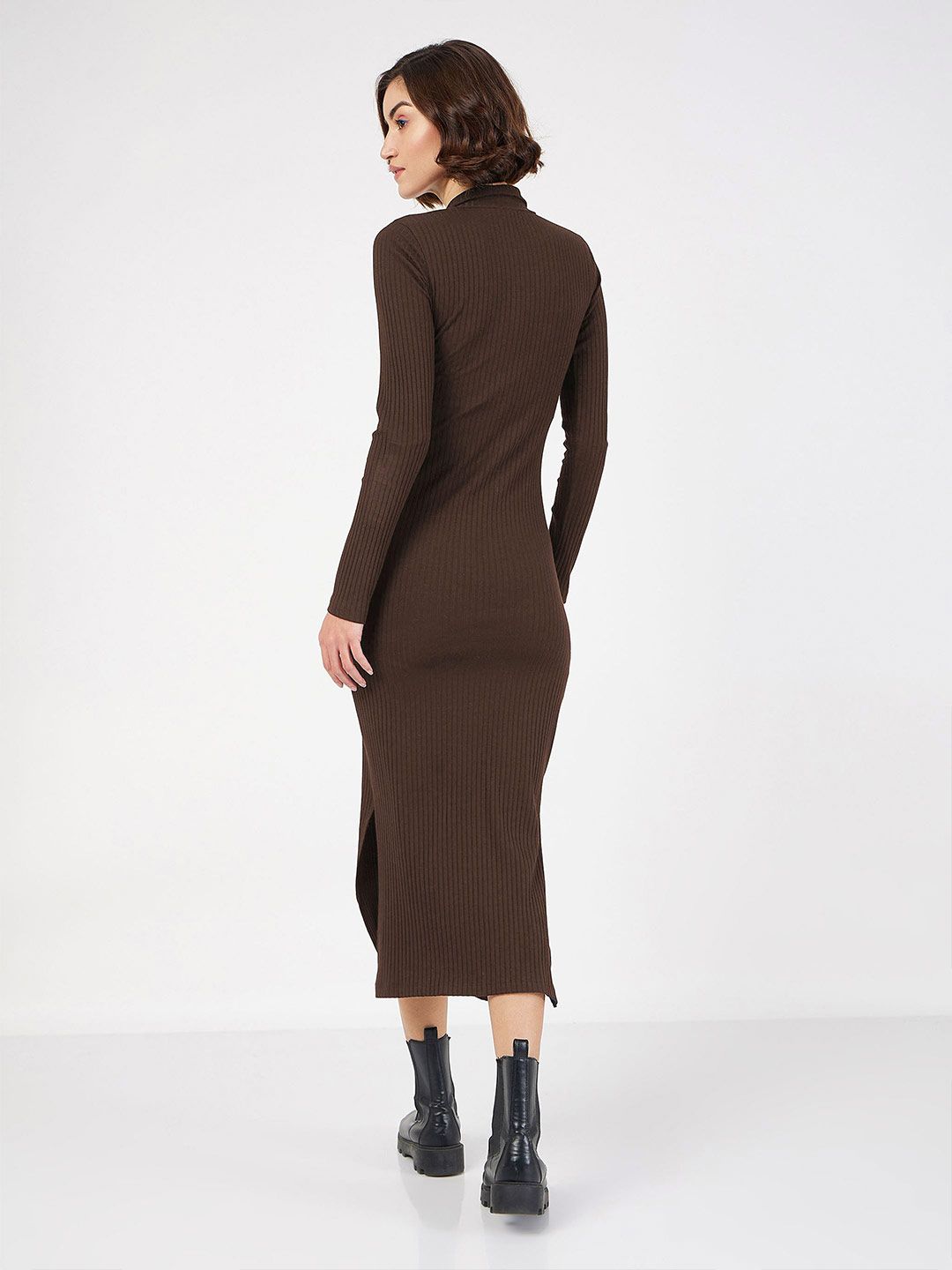 SASSAFRAS Women High Neck Front Zipper Bodycon Midi Dress