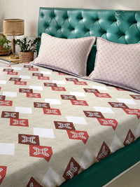 KLOTTHE Beige Geometric Printed Dilengkapi Cadar Katil King 400 TC Kapas Dengan 2 Sarung Bantal