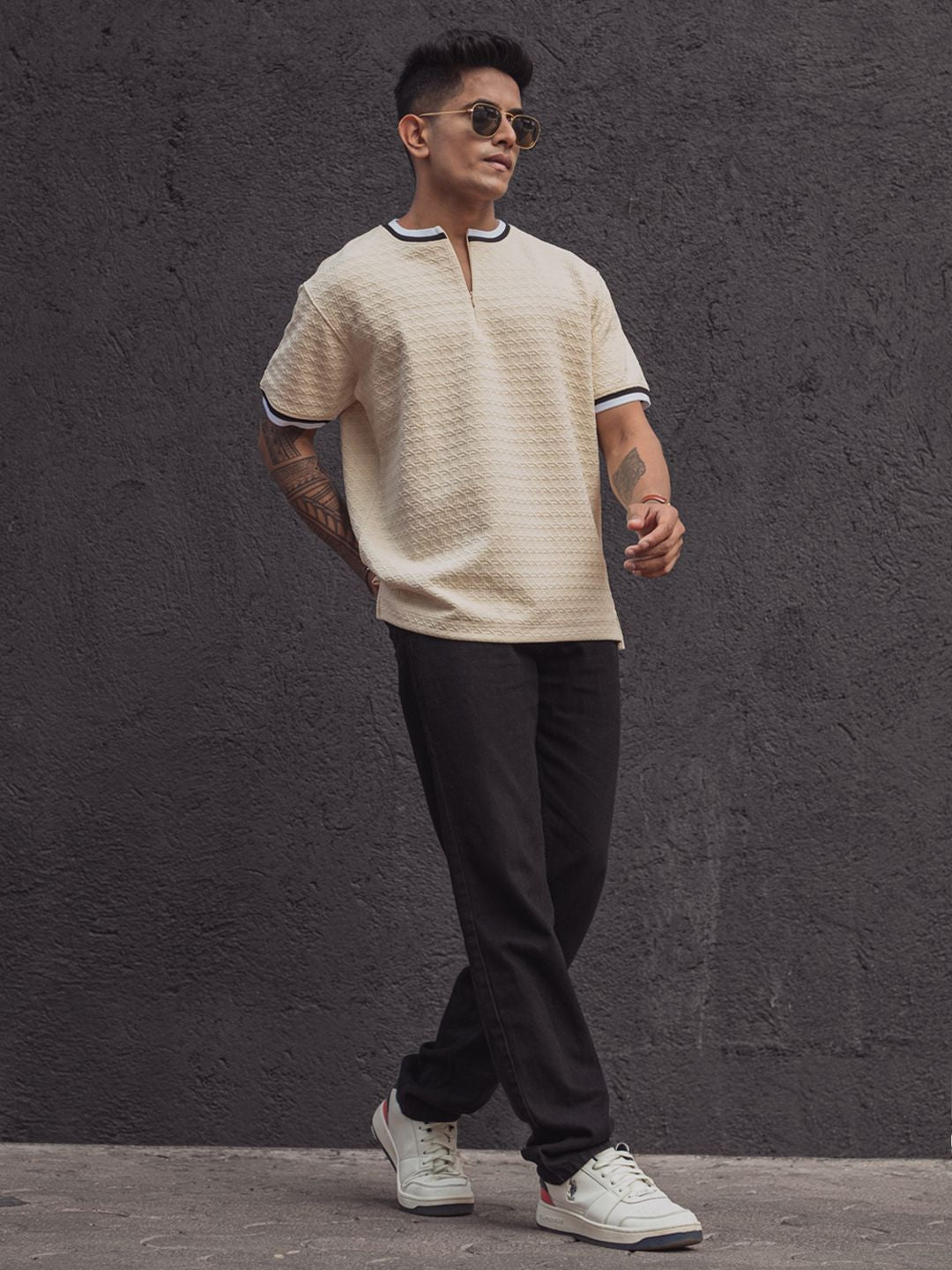 Powerlook Men Solid Mandarin Collar T-Shirt