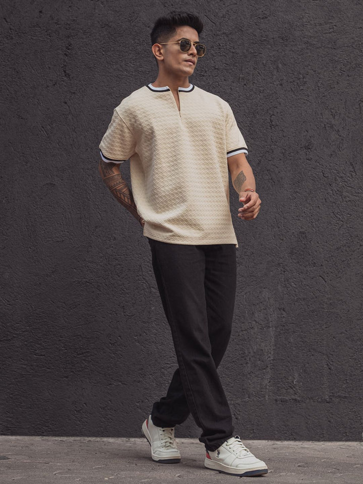 Powerlook Men Solid Mandarin Collar T-Shirt