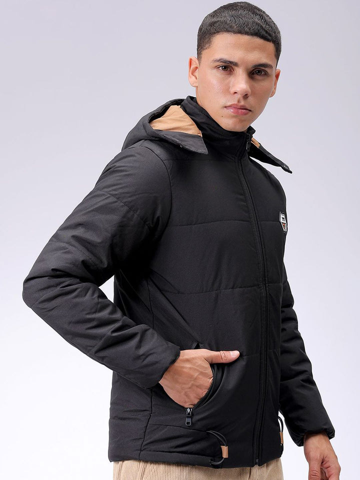 The Indian Garage Co Men Slim Fit Zip-Front PufferJacket with Detachable Hood