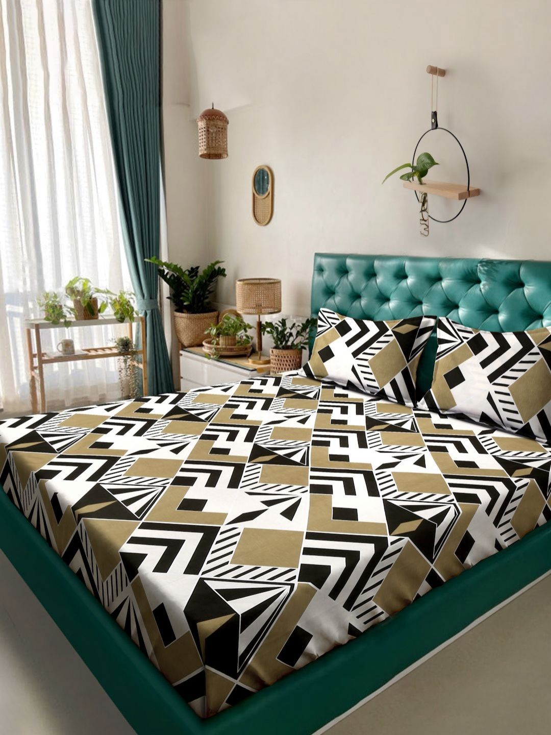 KLOTTHE White Abstract Cotton 300 TC King Fine Bedsheet with 2 Pillow Covers-250 x 225 cm