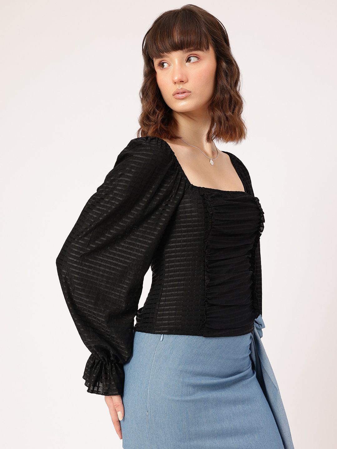 DressBerry Soft Grunge Glam Self Checked Smocked Ruched Top