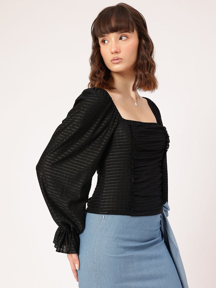 DressBerry Soft Grunge Glam Self Checked Smocked Ruched Top