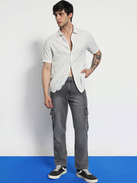 Urbano Fashion Men's Light Grey Regular Fit Washed Cargo Jeans With 6 Pockets Stretchable