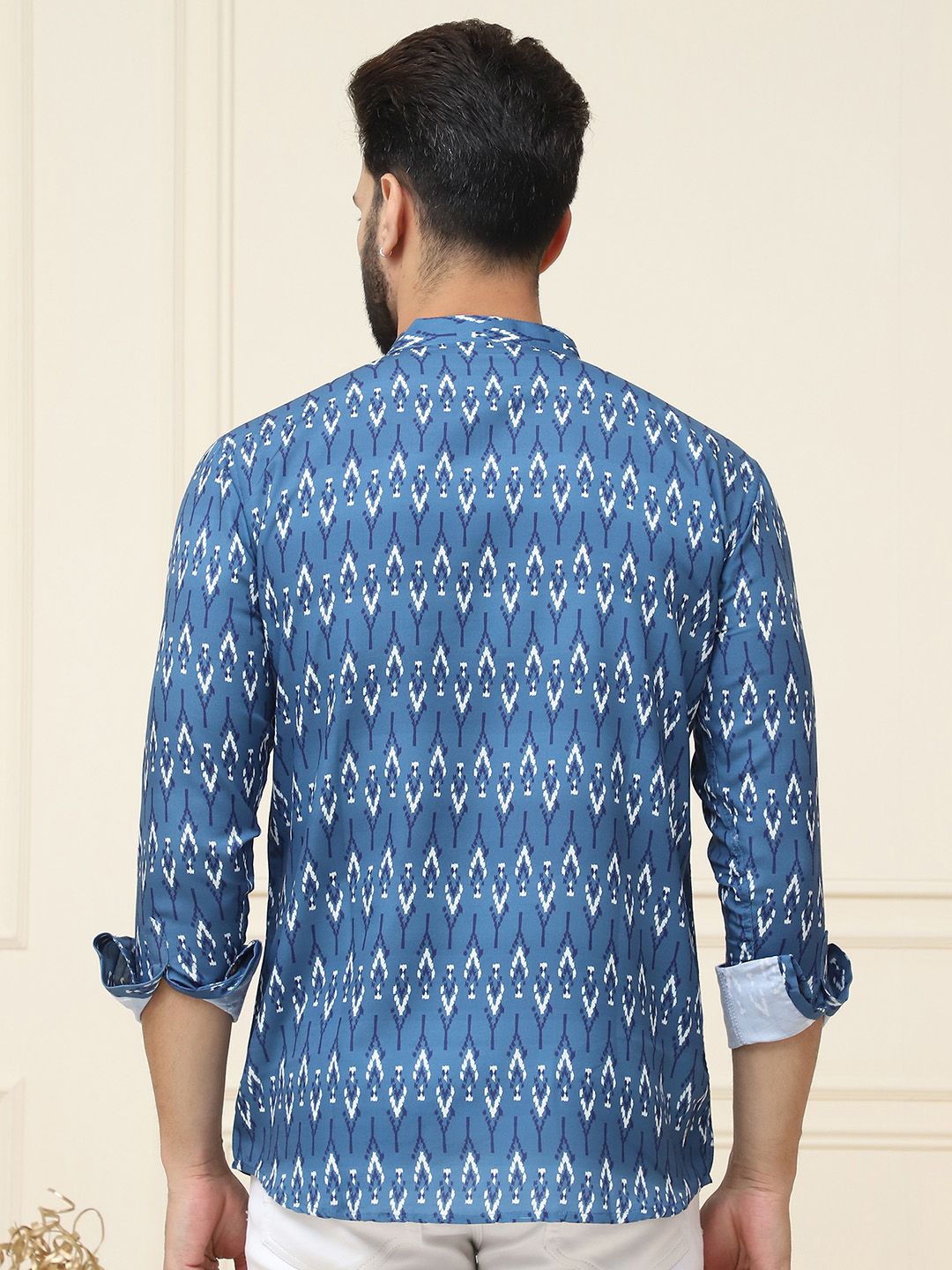 SOJANYA Ethnic Motifs Printed Band Collar Neck Roll-Up Sleeves Pure Cotton Kurta