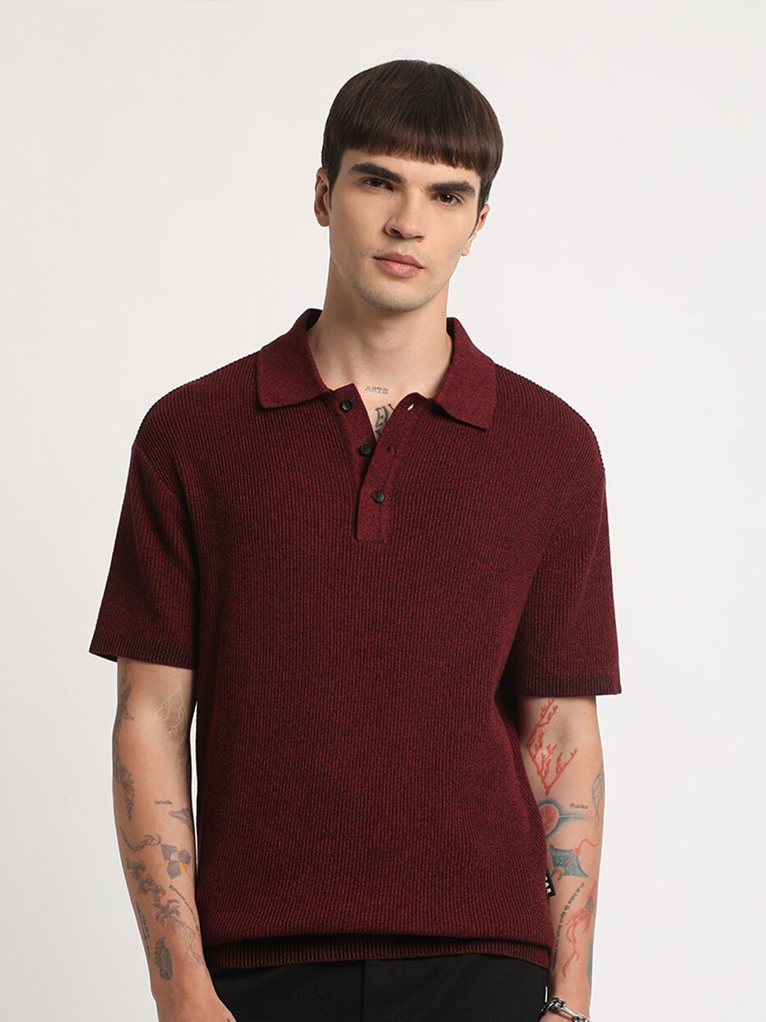 THE BEAR HOUSE Self Design Regular Fit Cotton Polo Collar T-shirt