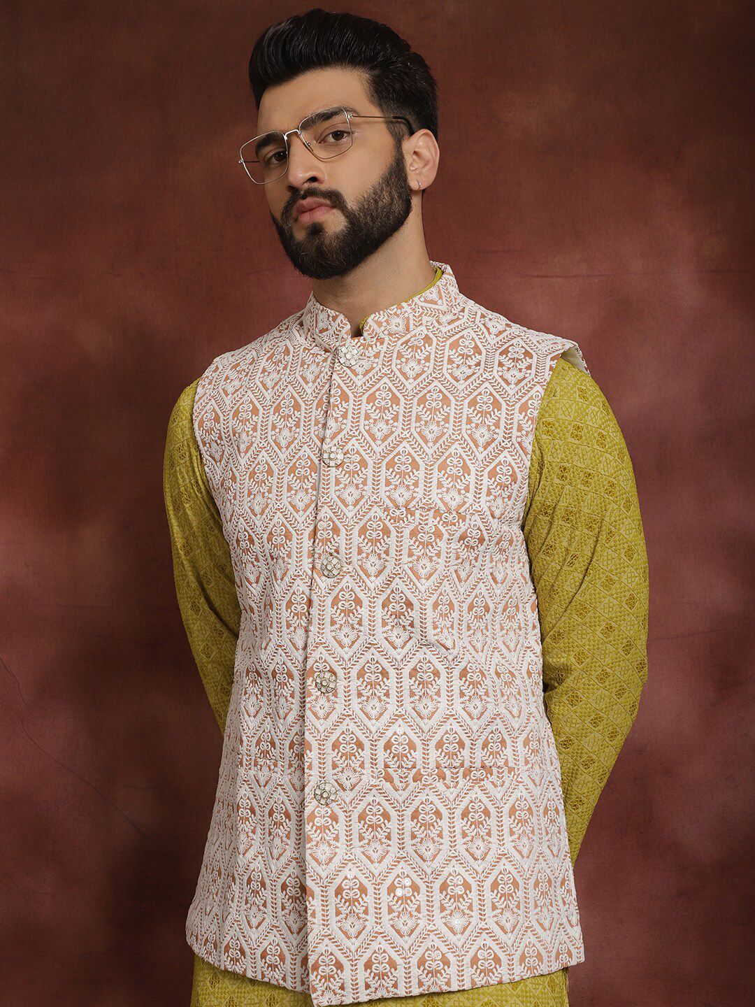 Anouk Mandarin Collar Geometic Embroidered Kurta With Churidar & Nehru Jacket
