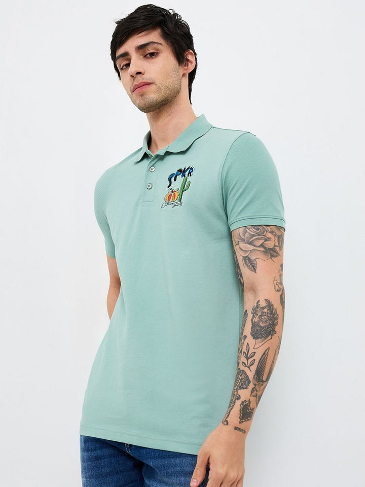 SPYKAR Men Graphic Printed Polo Collar Cotton Slim Fit T-shirt