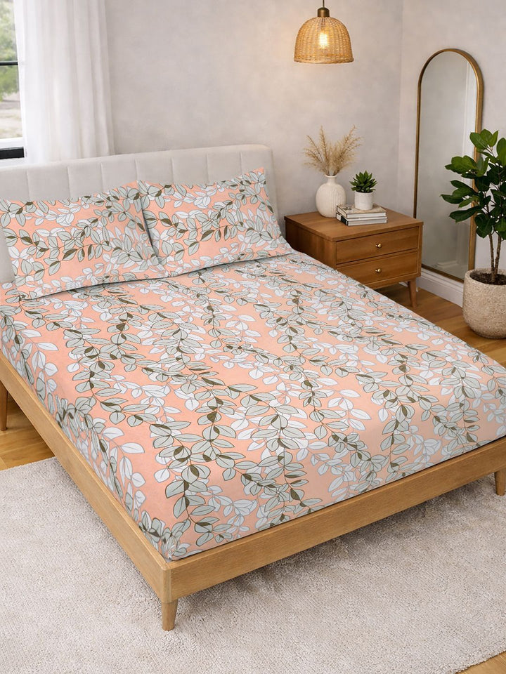 Myntra Elegant Homes Orange Floral 300 TC King Bedsheet with 2 Pillow Covers