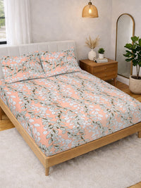 Myntra Elegant Homes Orange Floral 300 TC King Bedsheet with 2 Pillow Covers