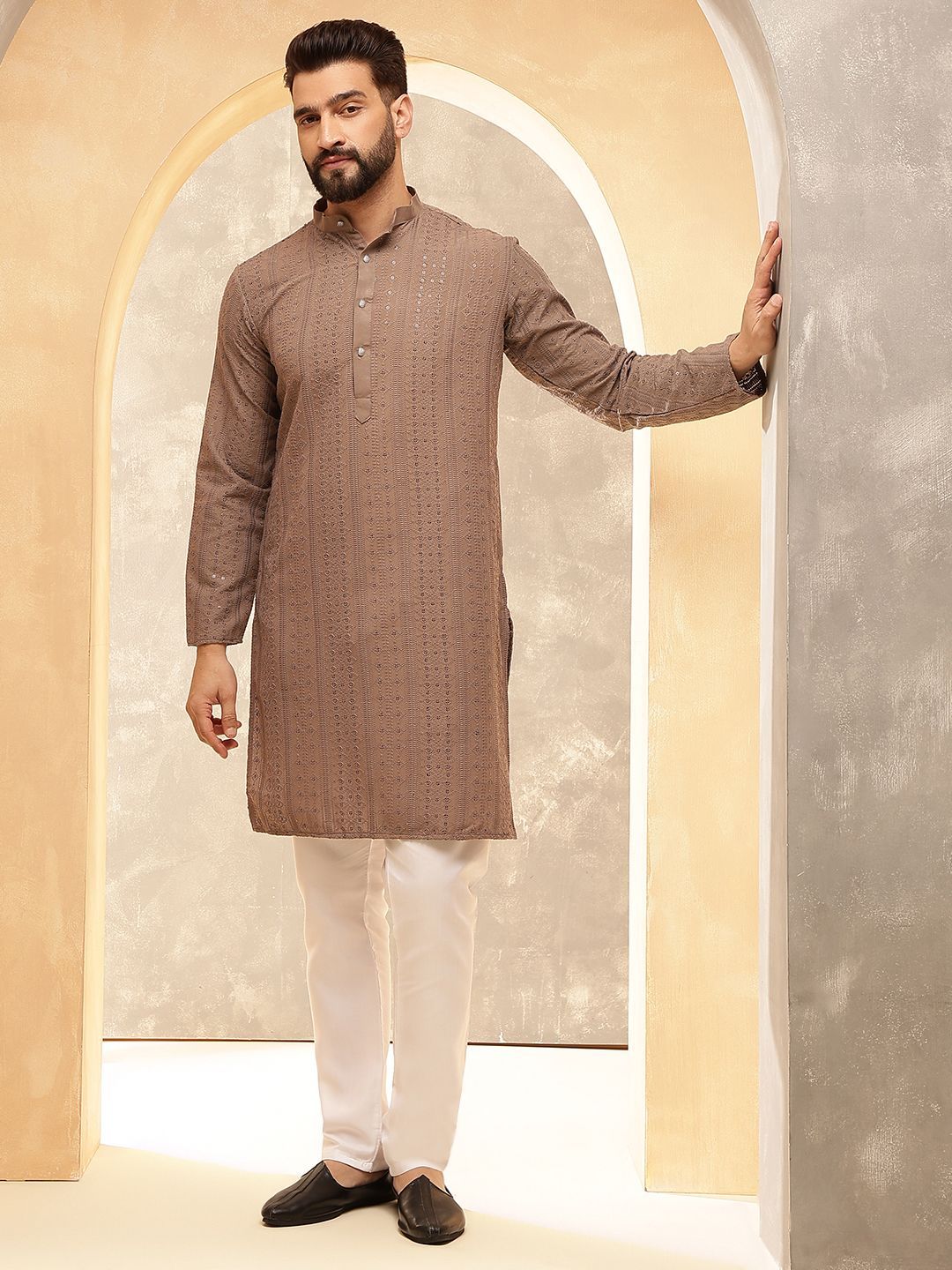 Anouk Brown Ethnic Motifs Embroidered Sequinned Pure Cotton Straight Kurta with Pyjamas