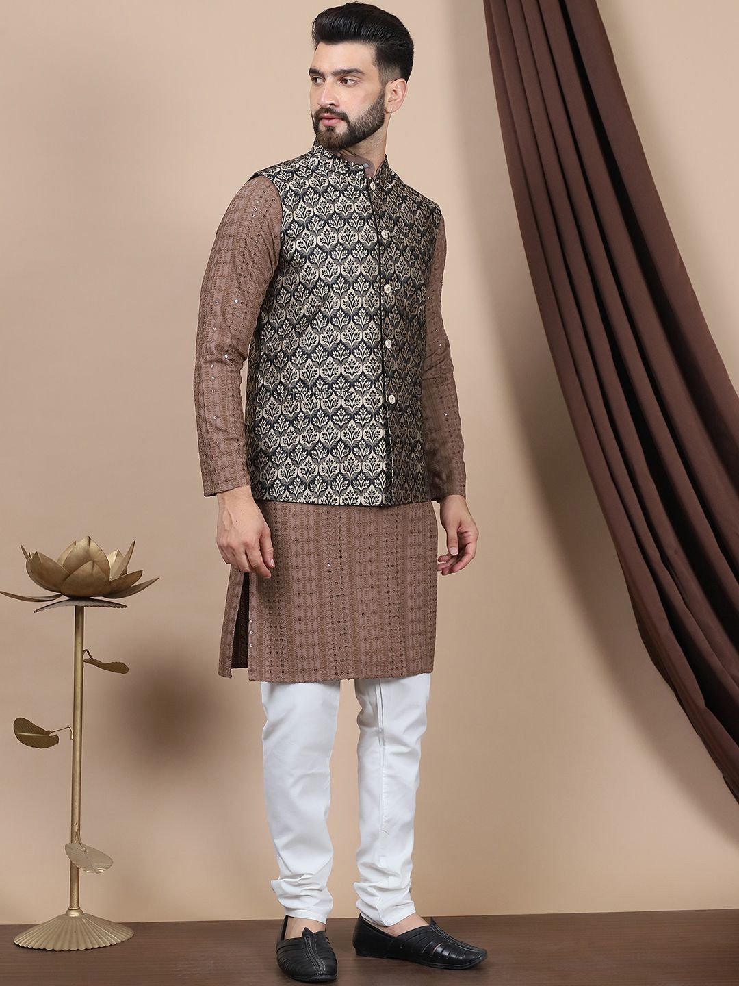 Anouk Embroidered Sequinned Pure Cotton Straight Kurta With Churidar & Nehru Jacket