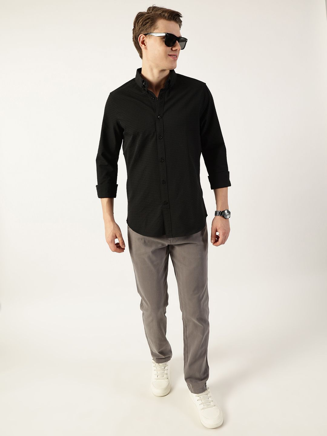 Thomas Scott Men Smart Button-Down Collar Textured Solid Slim Fit Casual Shirt