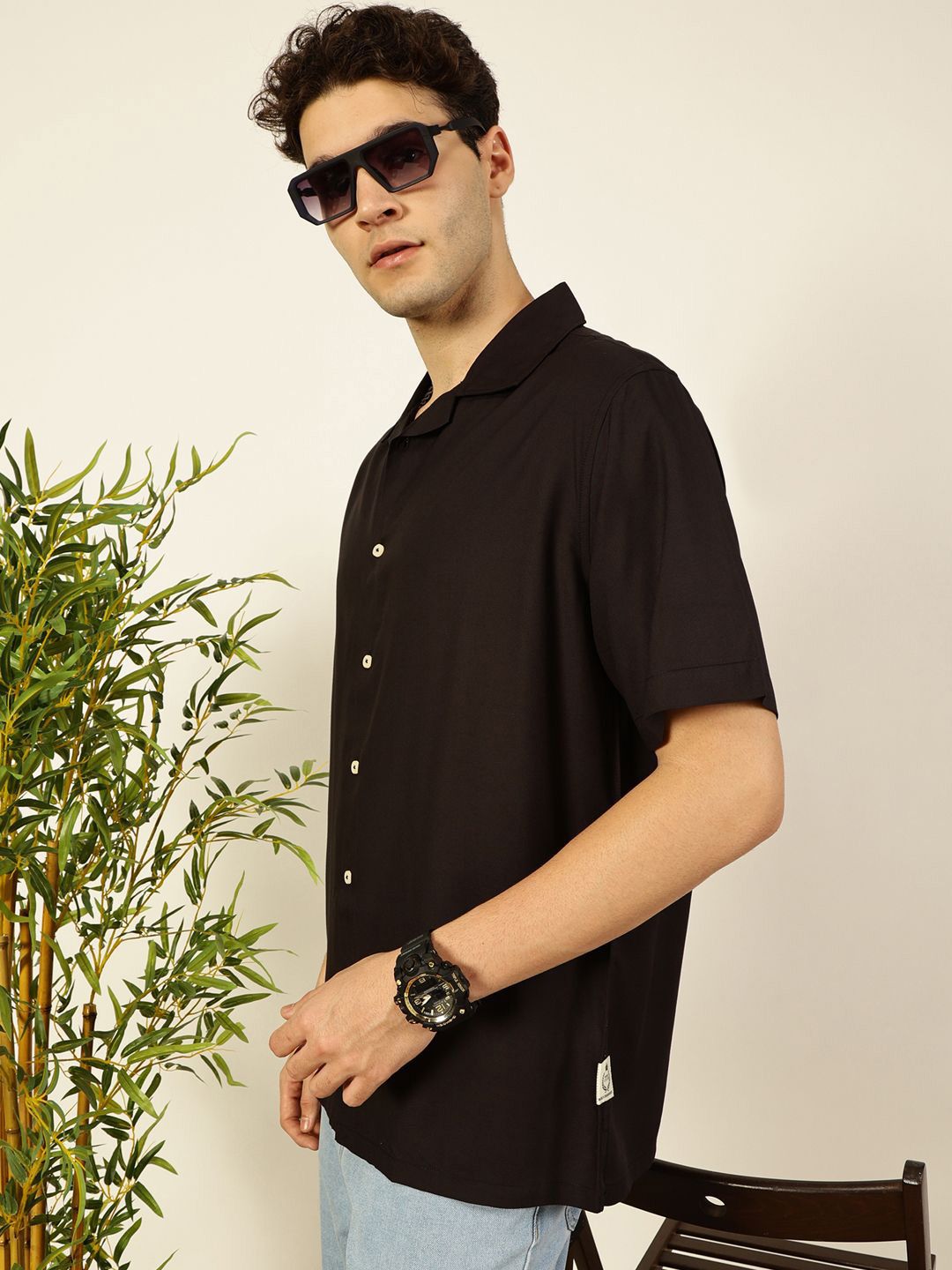 Thomas Scott Men Premium Cuban Collar Solid Oversized Casual Shirt