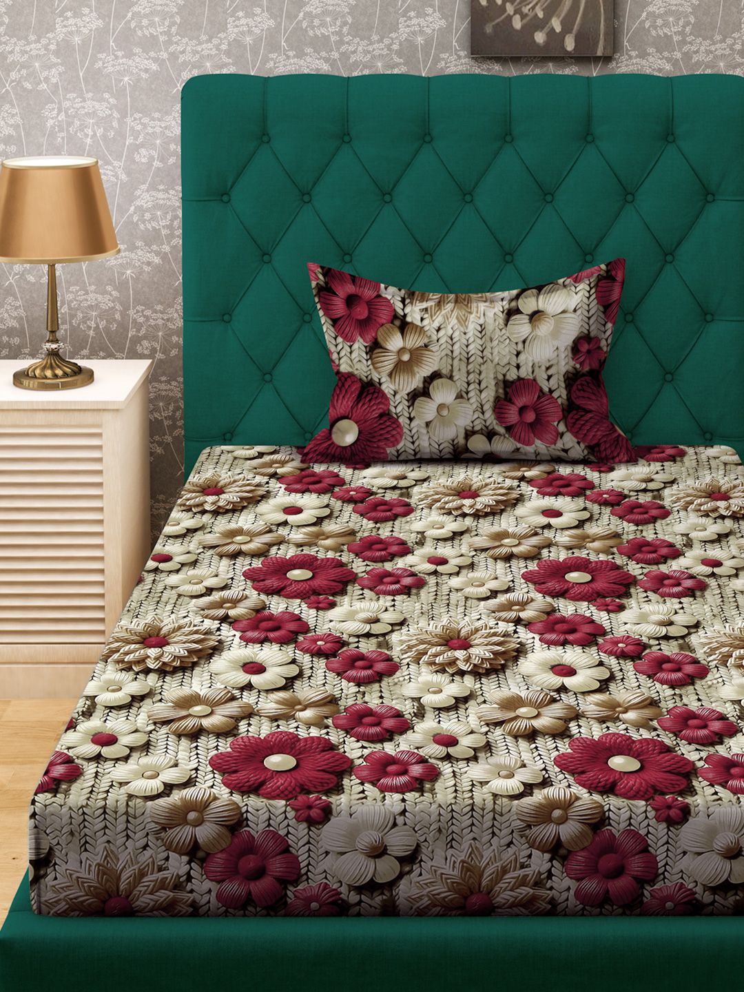 KLOTTHE Beige & Pink Floral 300 TC Single Bedsheet with 1 Pillow Covers