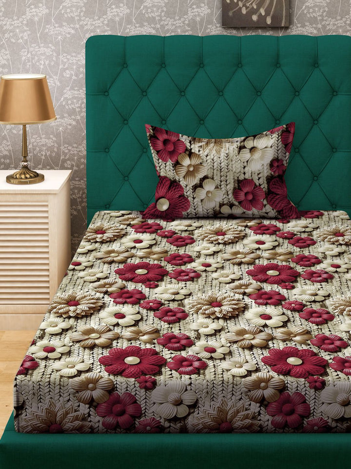 KLOTTHE Beige & Pink Floral 300 TC Single Bedsheet with 1 Pillow Covers