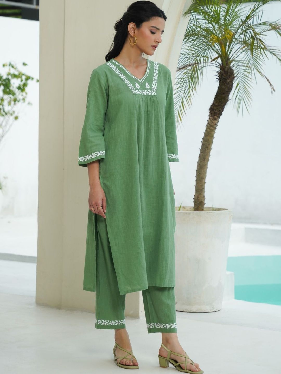 House of Chikankari Wanita 2 Keping Kurta Kapas Tulen Biasa dengan Set Seluar