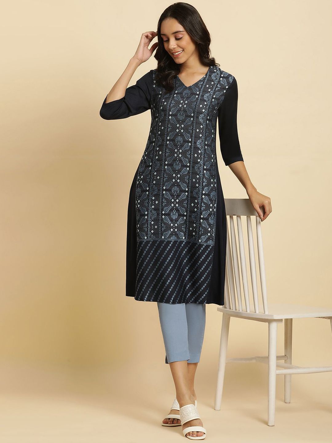 W Floral Embroidered V Neck A Line Kurta