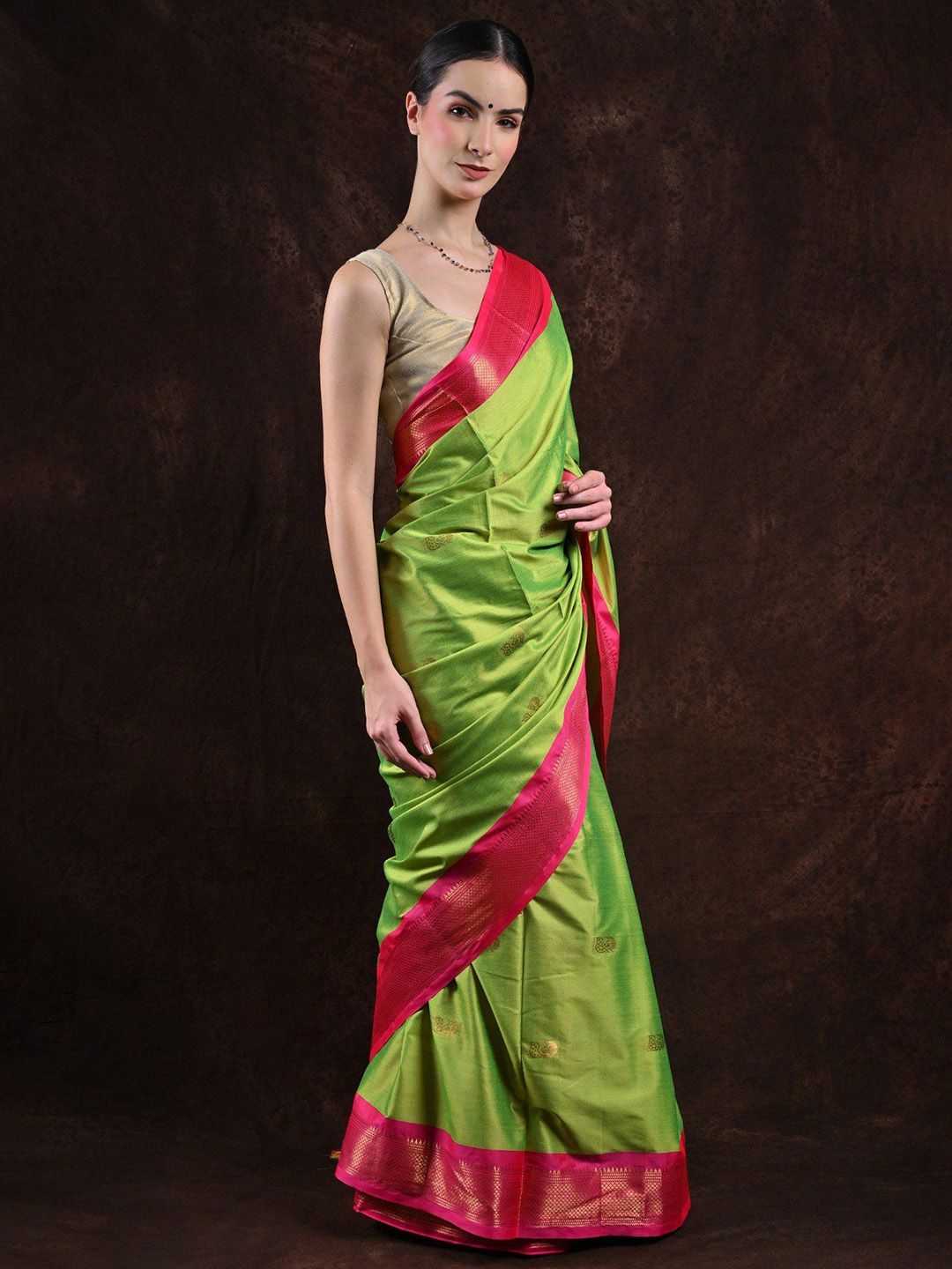 Exotic India Grenoble Green Saree with Zari Woven Peacocks and Contrast Border