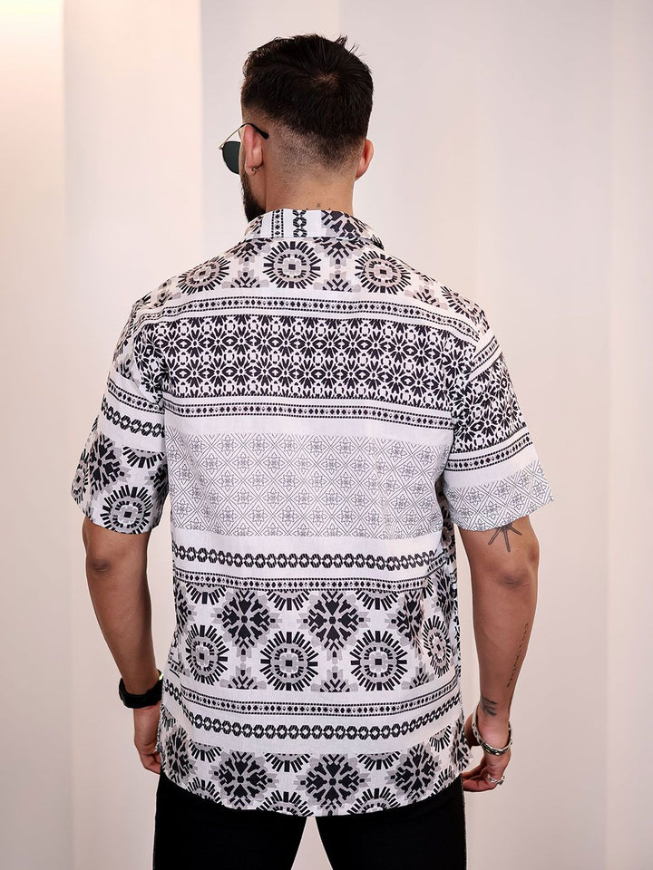 Eszett Men Floral Printed Cuban Collar Linen Casual Shirt