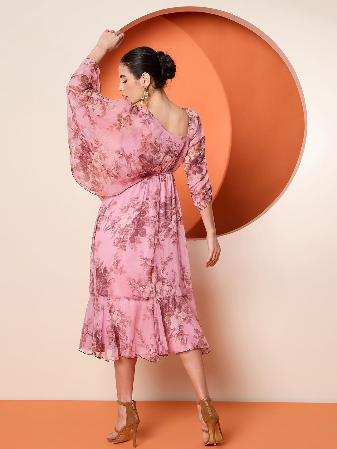 Antheaa Women Embellished Print Flared Sleeve A-Line Midi Dress