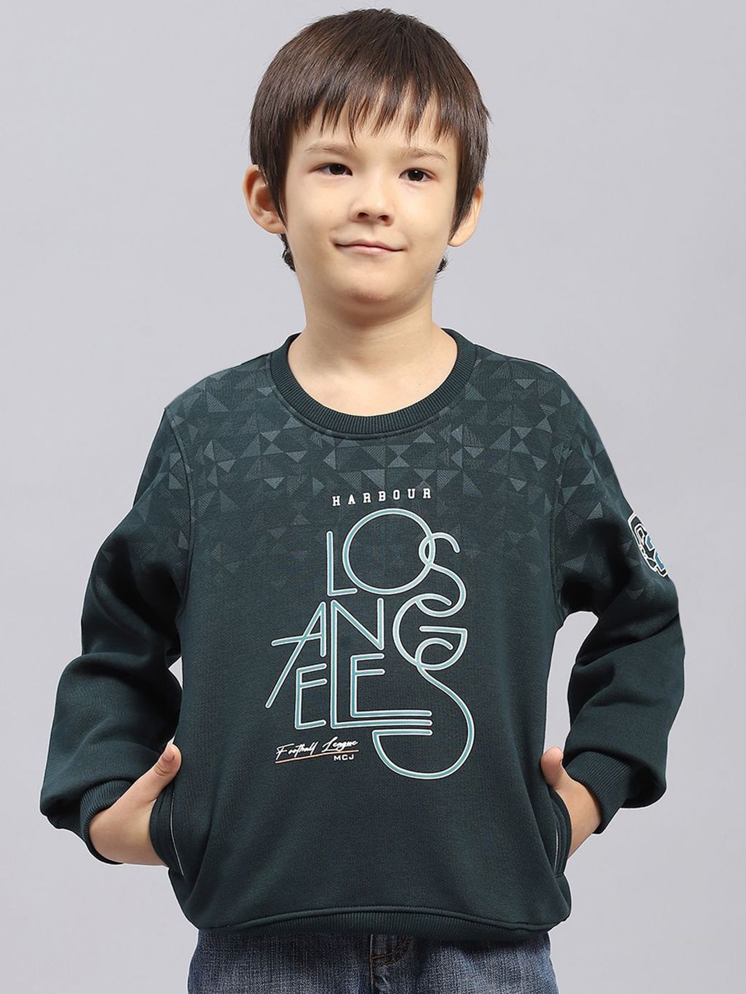 Monte Carlo  Boys Cotton Green Printed Round Neck Full Sleeves Pullover Sweatshirt