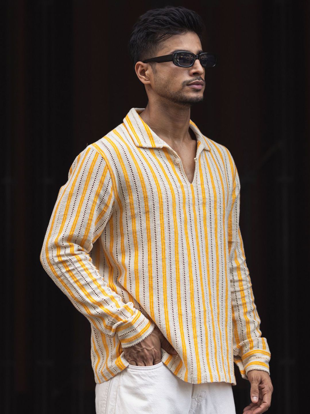 Powerlook Men Spread Collar Vertical Striped Casual Shirt