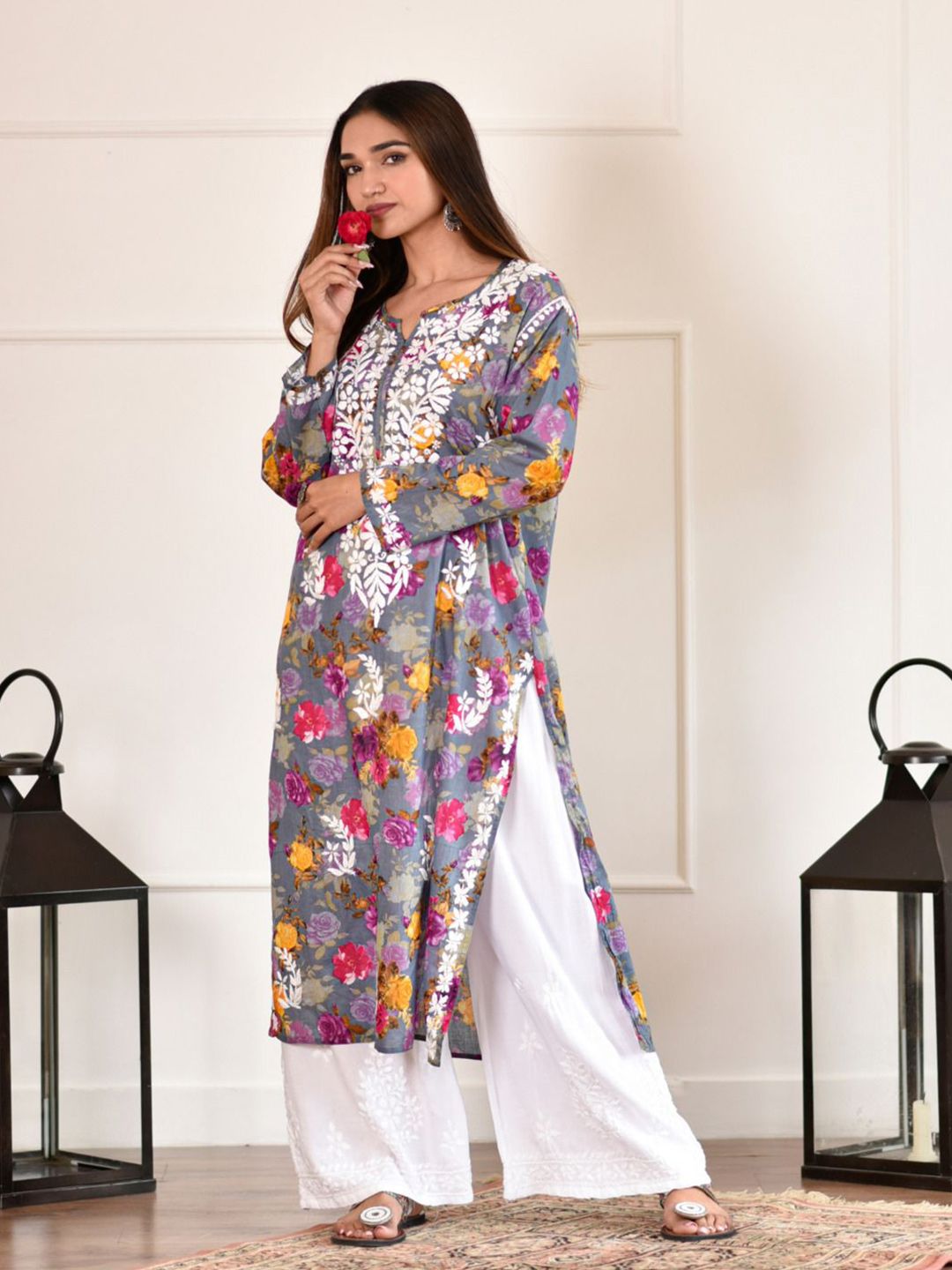 House of Chikankari Women Dark Grey Mulmul Chikankari Embroidered Kurta