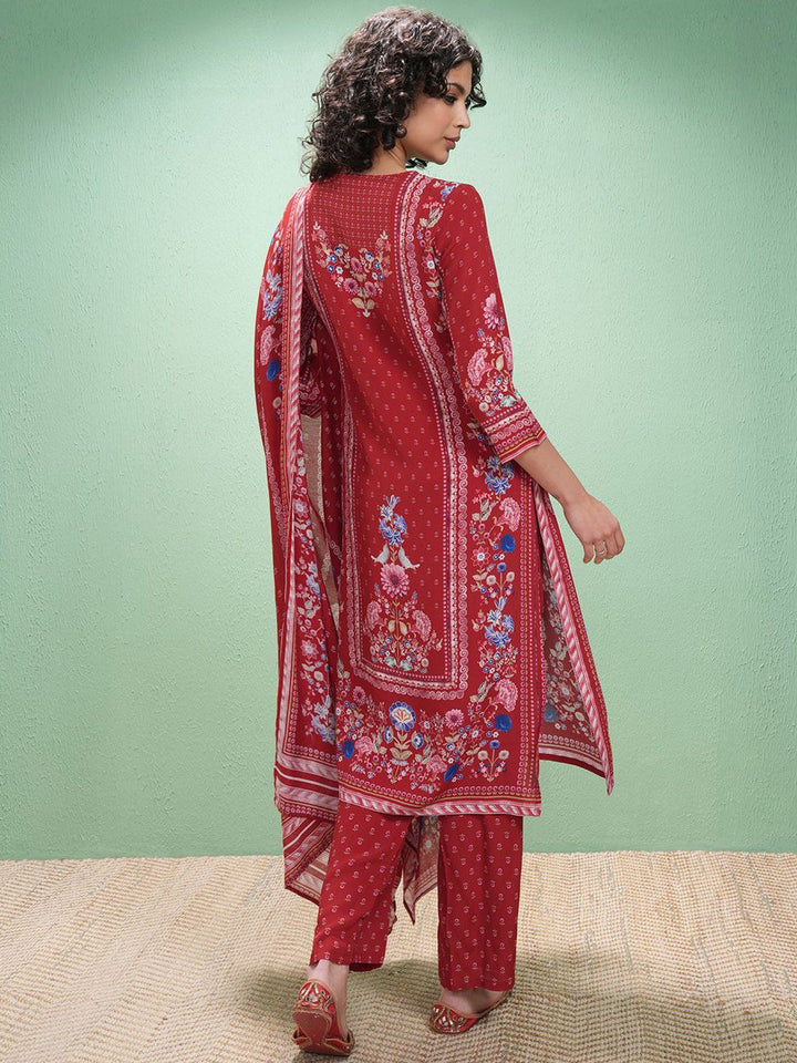 Vishudh Floral Printed Keyhole Neck Straight Kurta With Trousers & Dupatta